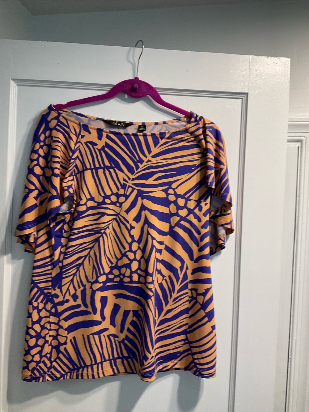 IMAN Purple and Peach Tropical Print Short Sleeve Top